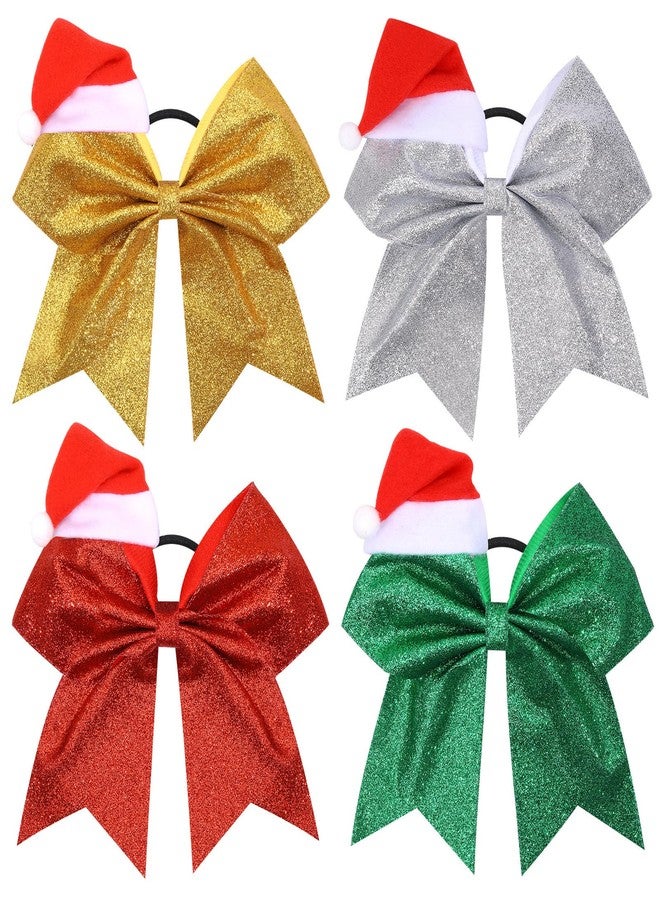 CN 4 PCS 7" Christmas Large Glitter Cheer Bows for Cheerleaders, CN Sparkly Hair Bows with Elastic Hair Ties Accessories with Christmas Santa Hat for Teens Girls Women Party (Christmas B) - Image 1