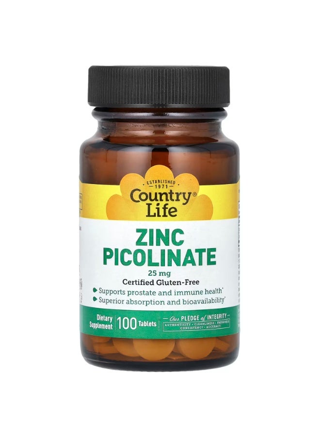 Country Life Zinc Picolinate, 25 mg, 100 Tablets - Image 1