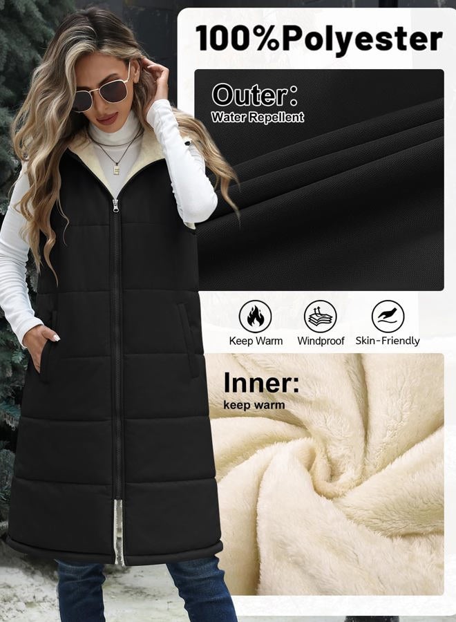 Jyanl Womens Long Fleece Vest Sleeveless Zip Vest Sherpa Quilted Jacket Trendy Warm Fall Winter Coat Outerwear 2025, Black, XXL - Image 5
