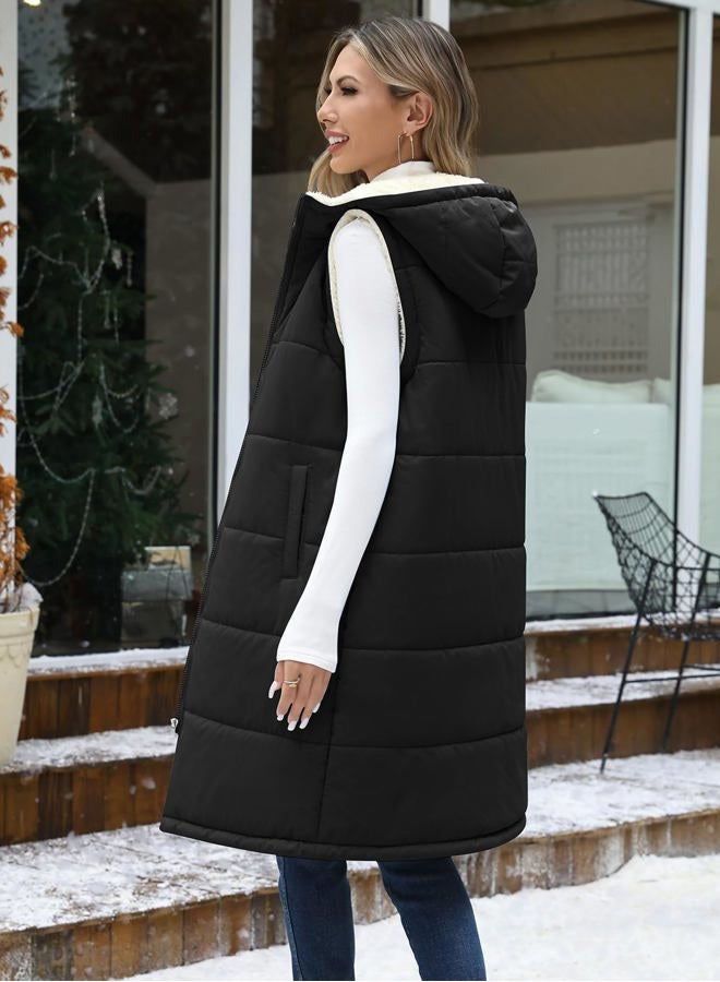 Jyanl Womens Long Fleece Vest Sleeveless Zip Vest Sherpa Quilted Jacket Trendy Warm Fall Winter Coat Outerwear 2025, Black, XXL - Image 3