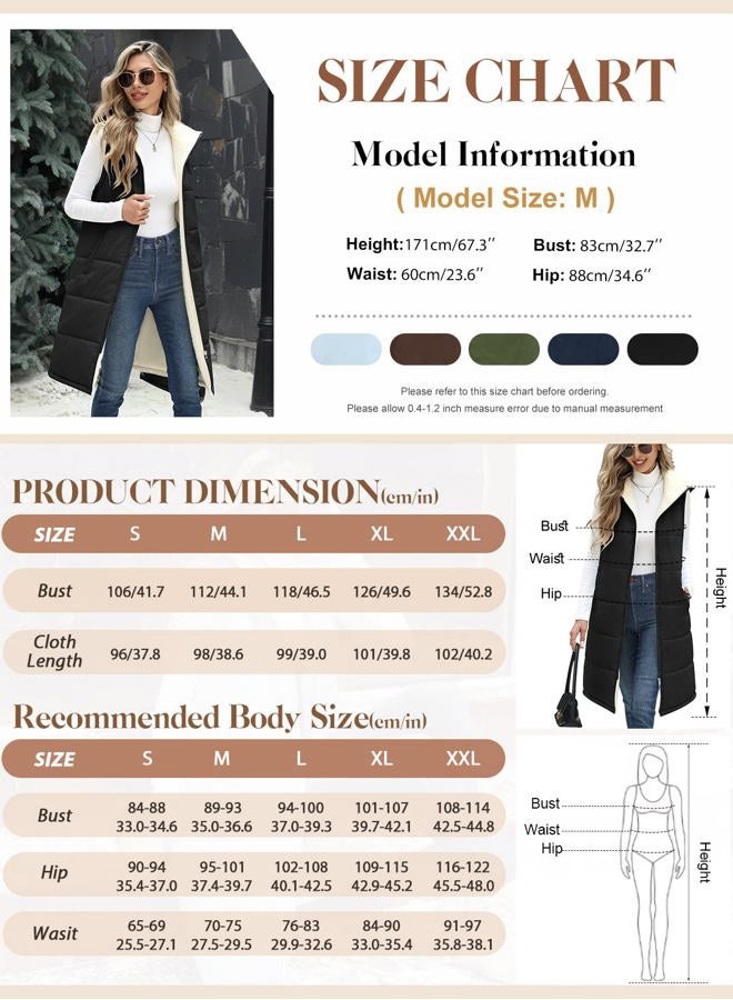 Jyanl Womens Long Fleece Vest Sleeveless Zip Vest Sherpa Quilted Jacket Trendy Warm Fall Winter Coat Outerwear 2025, Black, XXL - Image 4