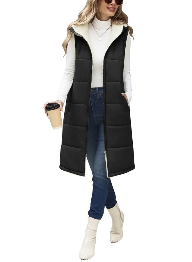 Jyanl Womens Long Fleece Vest Sleeveless Zip Vest Sherpa Quilted Jacket Trendy Warm Fall Winter Coat Outerwear 2025, Black, XXL - Image 1