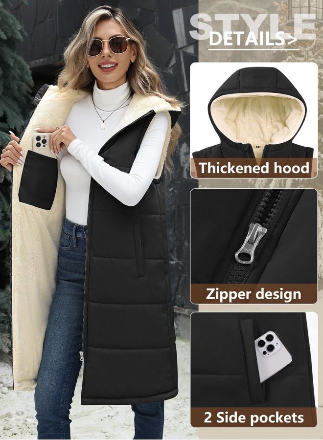 Jyanl Womens Long Fleece Vest Sleeveless Zip Vest Sherpa Quilted Jacket Trendy Warm Fall Winter Coat Outerwear 2025, Black, XXL - Image 2
