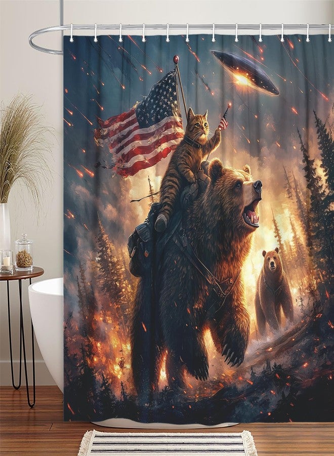 Uokiuki Funny Bear Shower Curtain Boys, Cool Cat Riding Bear on Rustic Cabin Forest Woodland Hilarious Shower Curtain, Funky Anime UFO Spaceship Animal Shower Curtain Kids Men Boys Decor with Hooks, 70X70IN - Image 3