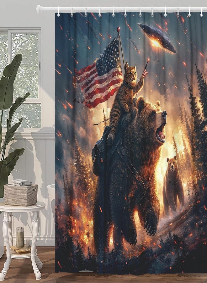 Uokiuki Funny Bear Shower Curtain Boys, Cool Cat Riding Bear on Rustic Cabin Forest Woodland Hilarious Shower Curtain, Funky Anime UFO Spaceship Animal Shower Curtain Kids Men Boys Decor with Hooks, 70X70IN - Image 2