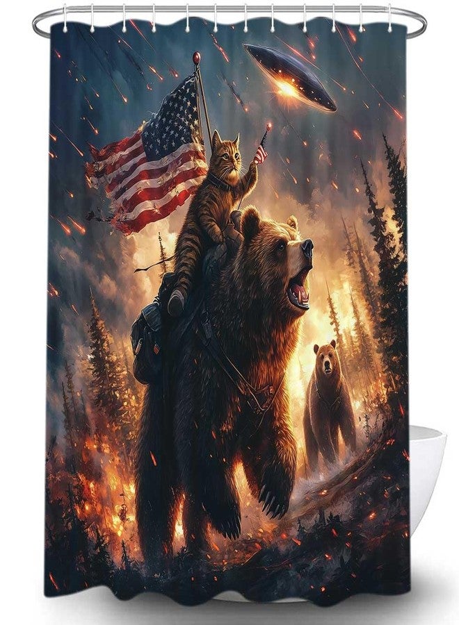 Uokiuki Funny Bear Shower Curtain Boys, Cool Cat Riding Bear on Rustic Cabin Forest Woodland Hilarious Shower Curtain, Funky Anime UFO Spaceship Animal Shower Curtain Kids Men Boys Decor with Hooks, 70X70IN - Image 4