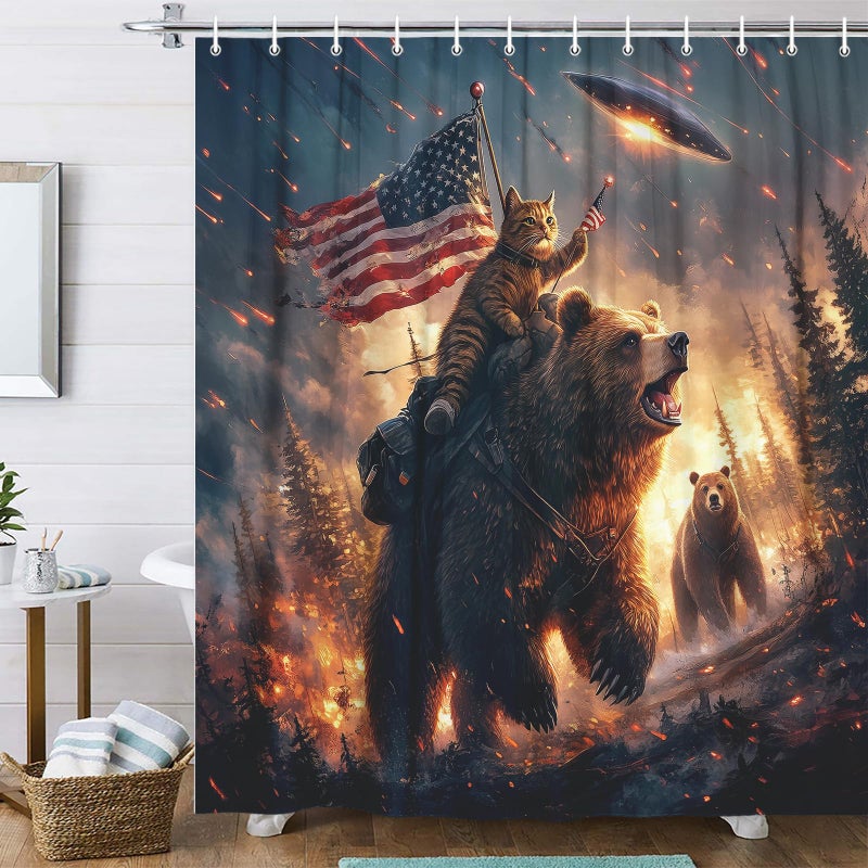 Uokiuki Funny Bear Shower Curtain Boys, Cool Cat Riding Bear on Rustic Cabin Forest Woodland Hilarious Shower Curtain, Funky Anime UFO Spaceship Animal Shower Curtain Kids Men Boys Decor with Hooks, 70X70IN - Image 1
