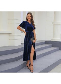 Explosions Large Size Women's Autumn And Winter Split Strap Pit Gold Velvet Midi Dress