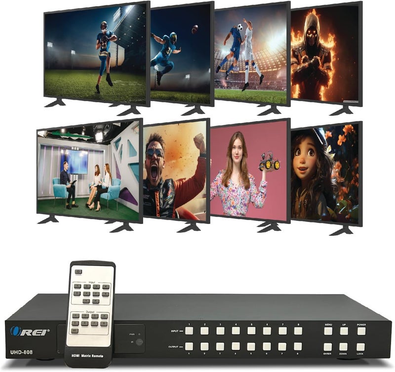 OREI 8x8 HDMI 4K Matrix Switch/Splitter, (8-Input, 8-Output) with Remote Control Supports UltraHD 4K@60Hz 4:4:4, HDR, YUV, HDMI 2.0, HDCP 2.2, 3D, 1080p, 18 GBPS - ARC, EDID (UHD-808) - Image 1
