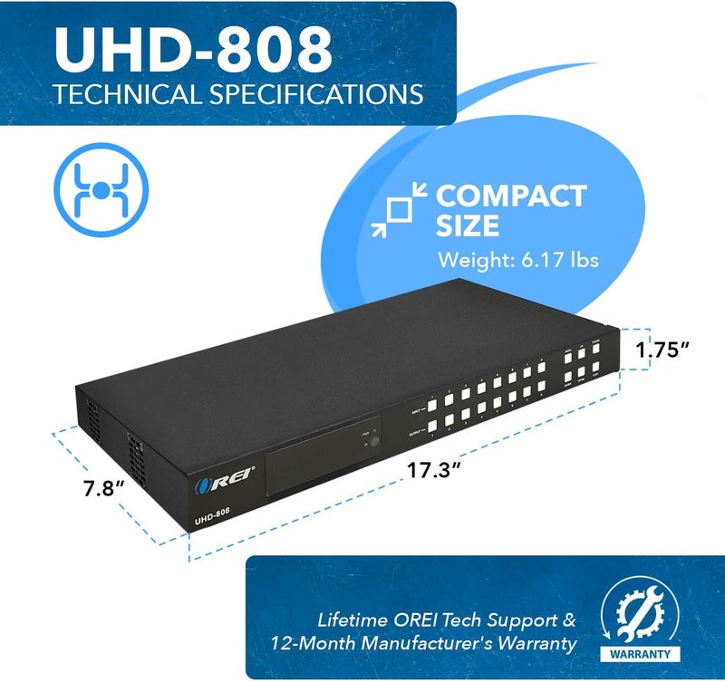OREI 8x8 HDMI 4K Matrix Switch/Splitter, (8-Input, 8-Output) with Remote Control Supports UltraHD 4K@60Hz 4:4:4, HDR, YUV, HDMI 2.0, HDCP 2.2, 3D, 1080p, 18 GBPS - ARC, EDID (UHD-808) - Image 5