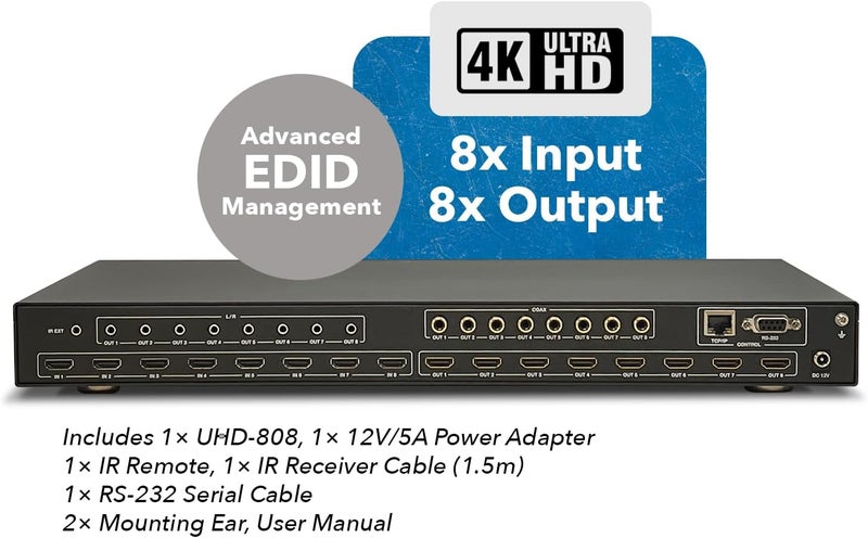 OREI 8x8 HDMI 4K Matrix Switch/Splitter, (8-Input, 8-Output) with Remote Control Supports UltraHD 4K@60Hz 4:4:4, HDR, YUV, HDMI 2.0, HDCP 2.2, 3D, 1080p, 18 GBPS - ARC, EDID (UHD-808) - Image 2