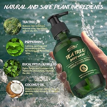 POP MODERN.C Tea Tree Body Wash Tea Tree Shower Gel with Peppermint Oil and Coconut Oil Improve Skin Fungus Skin Itchy Jock Itch Athletes Foot Eczema Body Odor Shower Gel with Pump for Men Women 300ml - Image 3