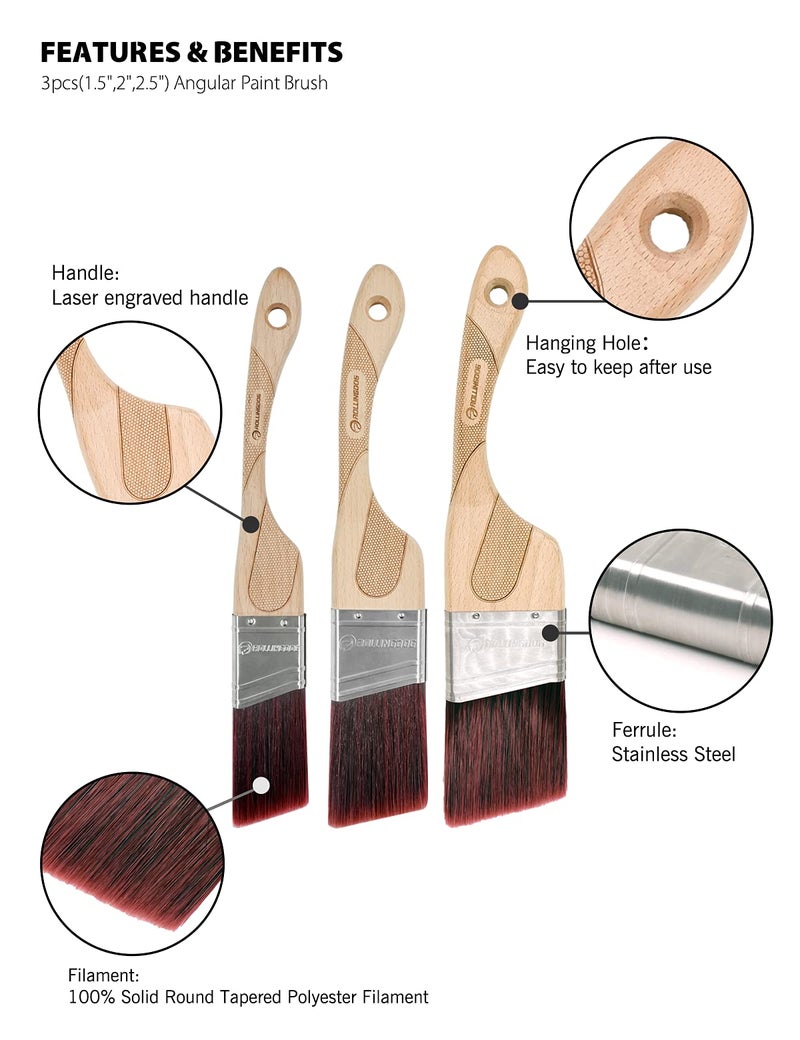 ROLLINGDOG Angled Paint Brush - Trim Brush with Ergonomic Wood Handle for Wall, Furniture, Cutting in Painting,3PC(1.5",2",2.5") - Image 2