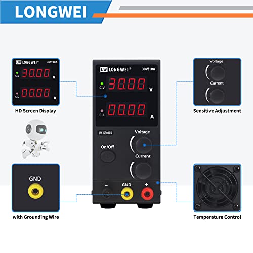 Longwei DC Power Supply Variable,30V 10A 4 Digital LED Display Adjustable Regulated Switching Power Supply Digital with Leads Power Cord (30V 10A Black) Used for Spectrophotometer and lab Equipment Repair - Image 3