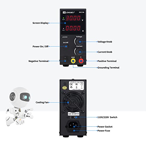 Longwei DC Power Supply Variable,30V 10A 4 Digital LED Display Adjustable Regulated Switching Power Supply Digital with Leads Power Cord (30V 10A Black) Used for Spectrophotometer and lab Equipment Repair - Image 2