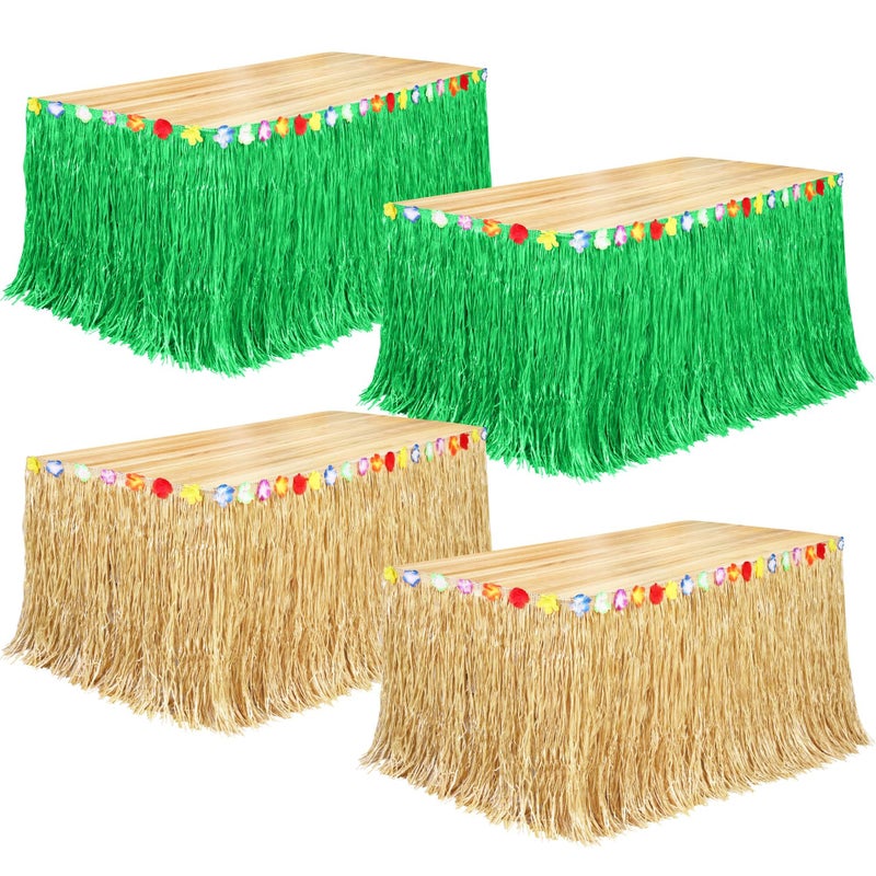 Fovths 4 Pack Luau Grass Table Skirt Natural 9 Feet x 295 Inch Hawaiian Table Skirt for Tropical Hawaiian Party Decorations Luau Party Costume Party Green and Straw Yellow