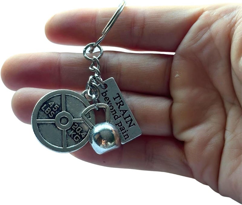 FKC Kettlebell & 45 Lbs Weightlifting Plate Silver Keychain & Motivational Tag - Image 3