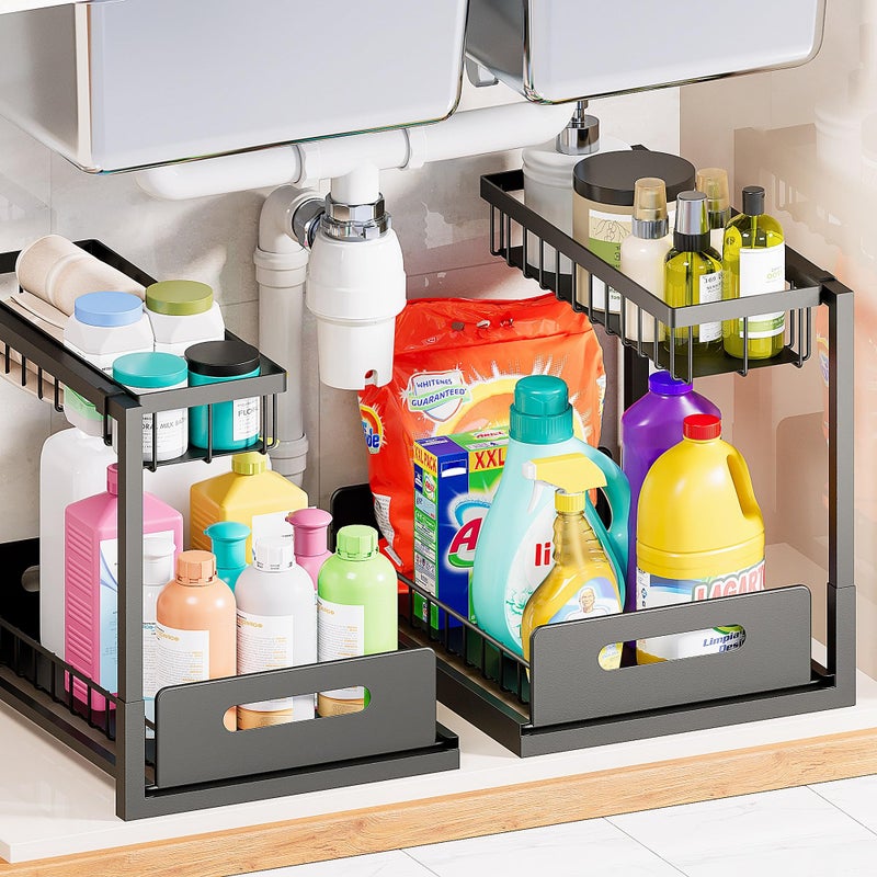 VUSIGN Under Sink Organizers Storage, 2 Tier Under Cabinet Organizer Shelf, Pull Out Kitchen Bathroom Sink Organizer Storage Organization, 2 Pack Black - Image 1
