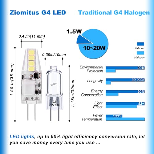 Ziomitus G4 RV Ceiling Recessed Puck Led Lights Interior 12v Replacement Bulbs,6000K White,JC Bi-Pin G4 1.5W T3 10W-20W Equiv for Landscape Camper Trailer Motorhome Marine Boat Deck Stair Step Path 150lm,10Pcs - Image 4