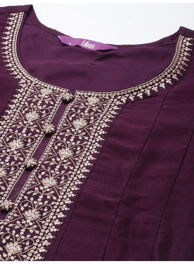 Libas Libas Women's Silk Blend Kurta Sets (33458O_Purple  - Image 4