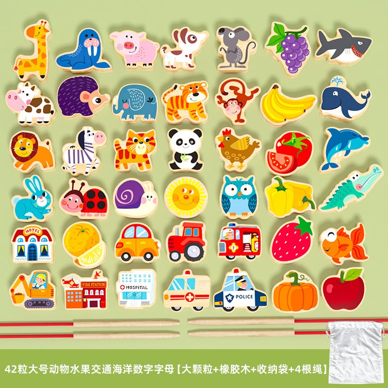 Children's Wooden Beaded Puzzle Toy – Animal and Fruit Building Blocks for Ages 4-6 - Image 1