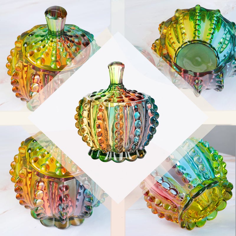 Joeyan 6 oz Colorful Embossed Glass Jars with Lid - Crystal Glass Candy Dishes - Iridescent Candy Jars Jewelry Box for Wedding, Party, Buffet Decorative - Image 3