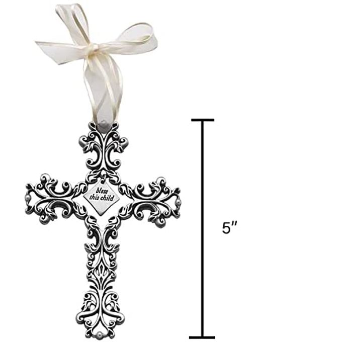 Cathedral Art Bless This Child White Ribbon Baby Cross, 5-Inch High, Silver - Image 2