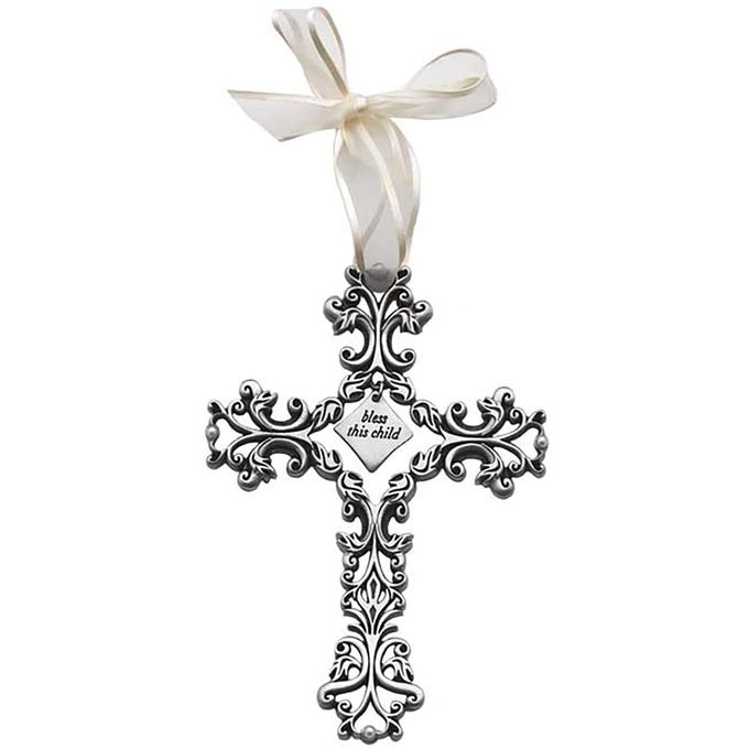 Cathedral Art Bless This Child White Ribbon Baby Cross, 5-Inch High, Silver - Image 3