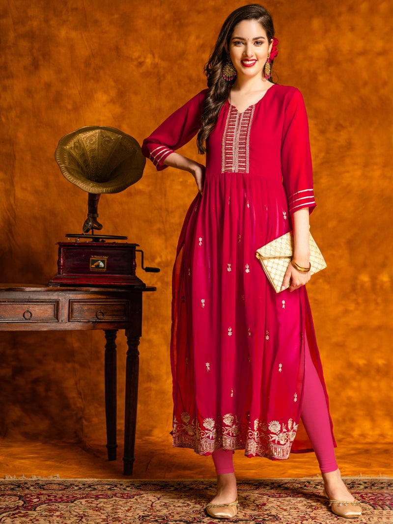 EthnicJunction Women's Georgette Embroidered Naira Cut Regular Fit Kurta Cherry - Image 2