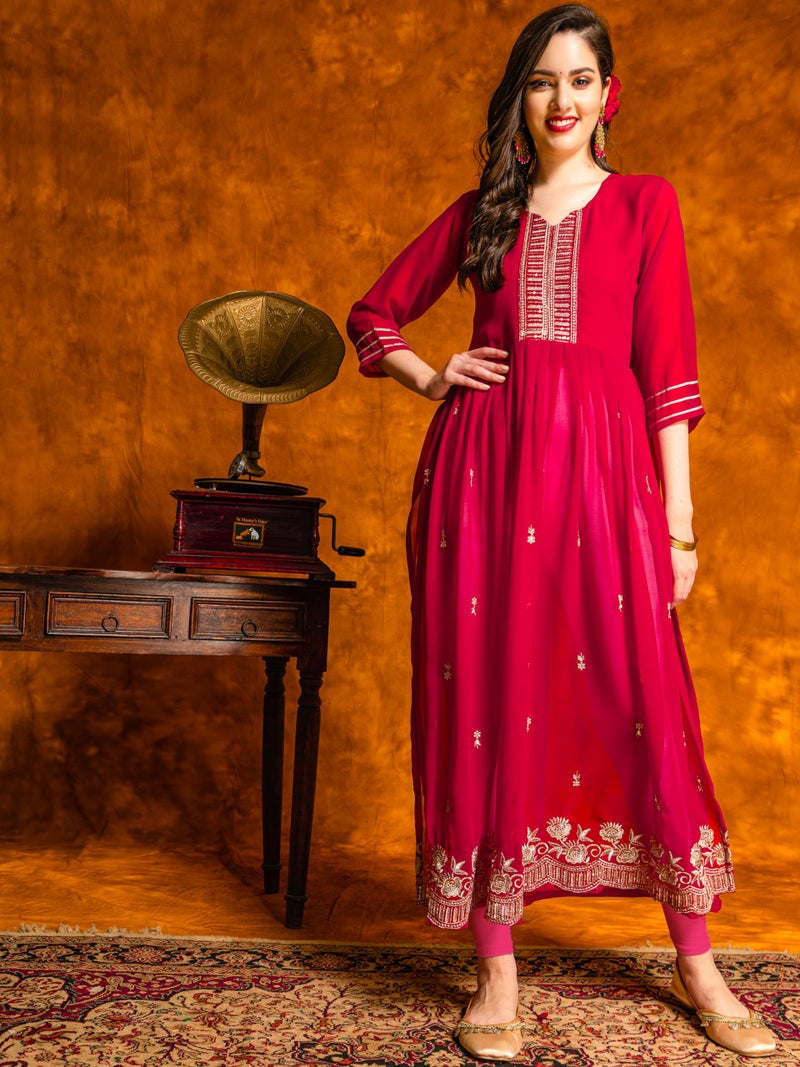 EthnicJunction Women's Georgette Embroidered Naira Cut Regular Fit Kurta Cherry - Image 5