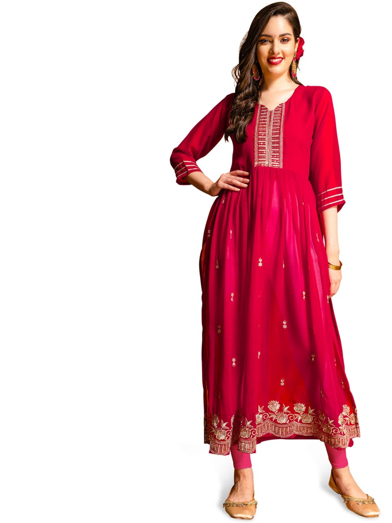 EthnicJunction Women's Georgette Embroidered Naira Cut Regular Fit Kurta Cherry - Image 1