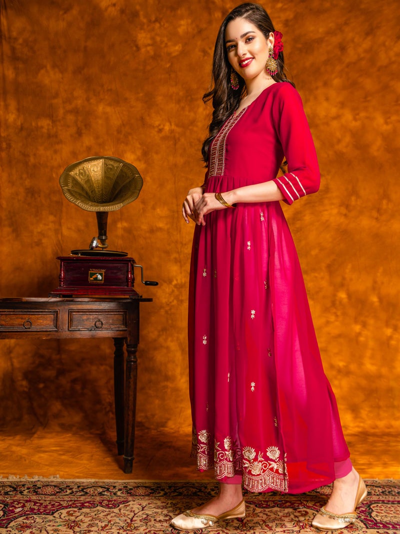 EthnicJunction Women's Georgette Embroidered Naira Cut Regular Fit Kurta Cherry - Image 3