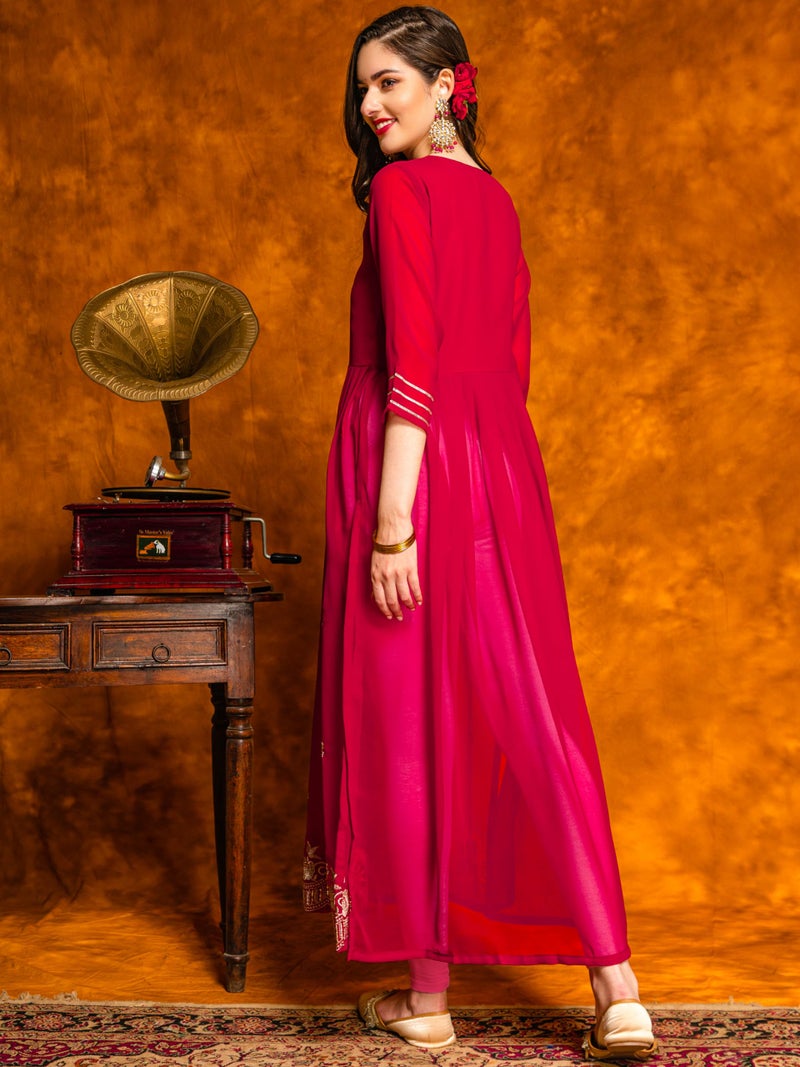 EthnicJunction Women's Georgette Embroidered Naira Cut Regular Fit Kurta Cherry - Image 4