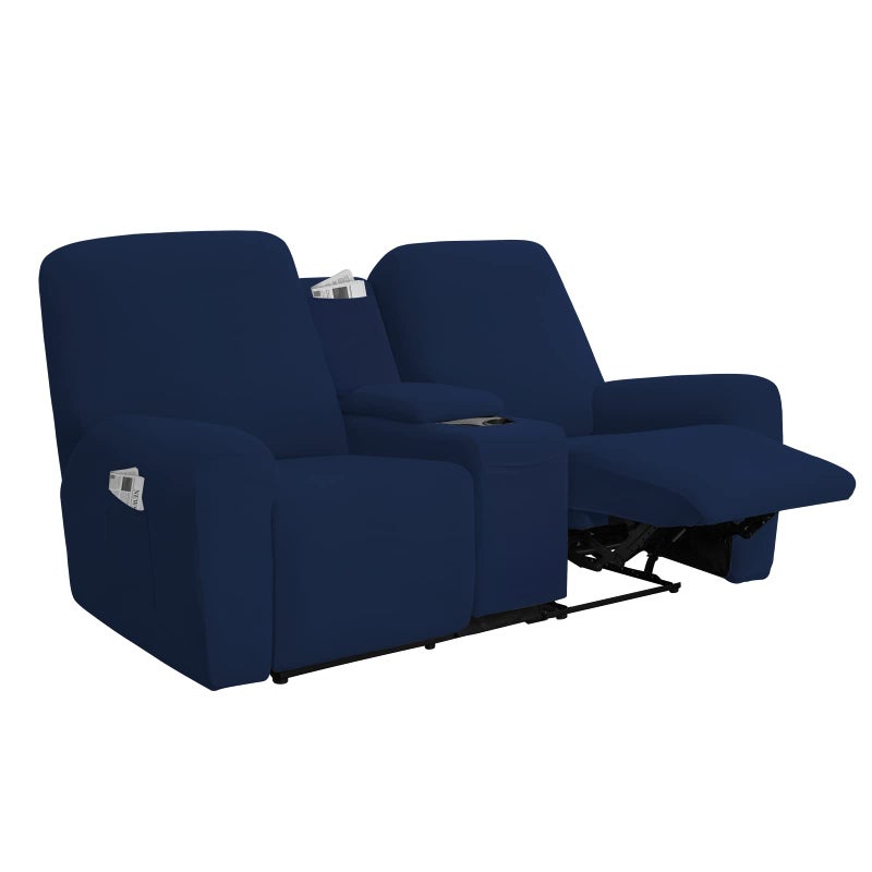 EasyGoing Stretch Recliner Loveseat Cover with Center Console Sofa Slipcover Soft Fitted Fleece 2 Seats Couch with Holder and Storage Washable Furniture Protector Navy