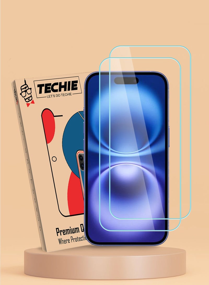 Techie 2 Pack HD Tempered Glass Screen Protector for Apple iPhone 16 - Anti Reflection Anti Bubbles 9H Hardness 0.33 mm Rounded Edges Easy Installation - Image 1