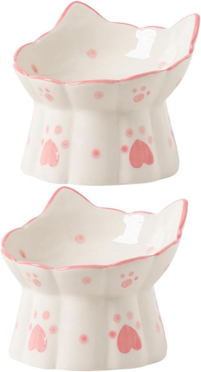 2pcs Raised Cat Bowl Set Ceramic Elevated Pet Feeding Bowls Angled Design Whisker-Friendly Puppy Food Water Dish for Neck Protection and Spill Prevention - Image 1