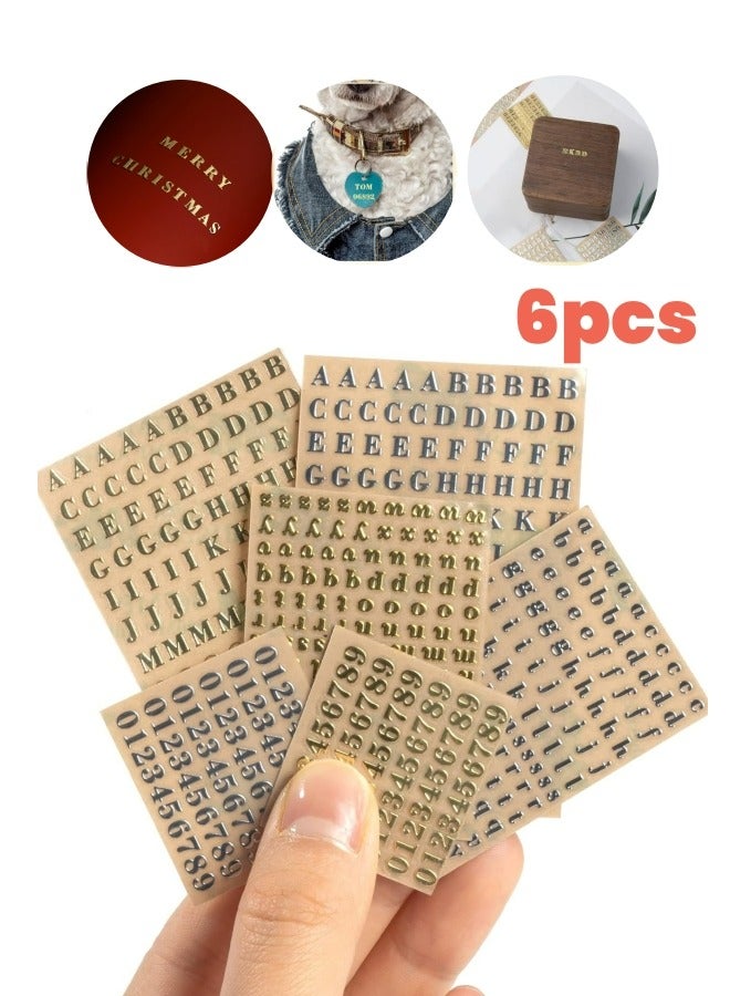 6 Sheets 0.12inch Alphabet Number Stickers Mini Letters Stickers Glitter Alloy Self Adhesive Stickers for Epoxy Resin Casting Decoration DIY Crafts Scrapbook, Golden/Silvery, 3mm - Image 1