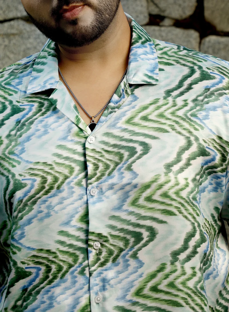 Instafab Plus Instafab Plus Men's Grass Green & Navy Blue Ripple Cuban Shirt For Casual Wear | Cuban Collar | Short Regular Sleeves | Button Closure | Plus Size Shirt Crafted With Comfort Fit For Everyday Wear