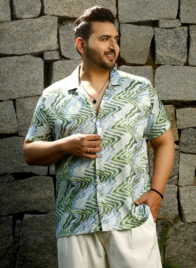 انستافاب بلس Instafab Plus Men's Grass Green & Navy Blue Ripple Cuban Shirt For Casual Wear | Cuban Collar | Short Regular Sleeves | Button Closure | Plus Size Shirt Crafted With Comfort Fit For Everyday Wear