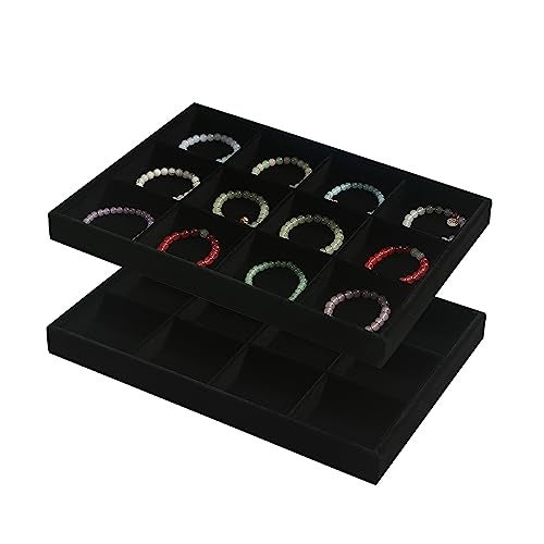Coward 2PC Black Velvet Stackable 12 Grids Jewelry Organizer Tray Bracelet Display Stand for Selling Velvet Necklace Holder Earring Box Storage (12grid+12grid) - Image 1