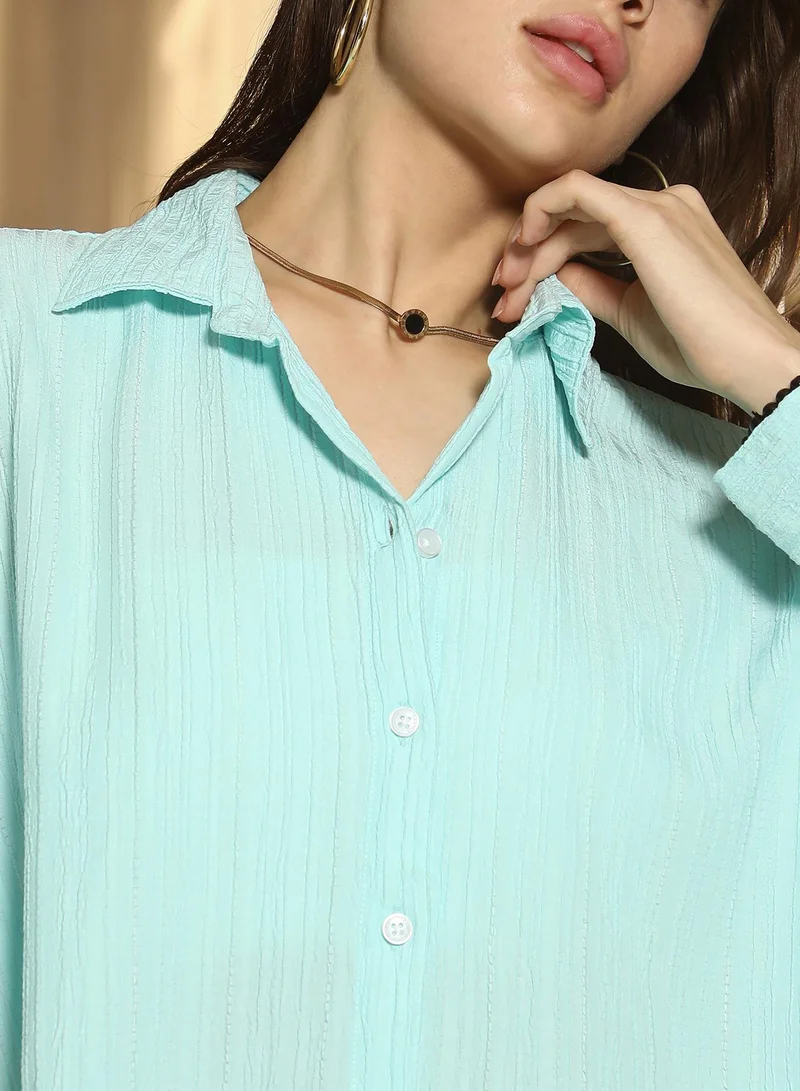 PINACOLADA Women's Aqua Blue Solid Textured Oversized Shirt Women's Aqua Blue Solid Textured Oversized Shirt for Women | Best Price UAE