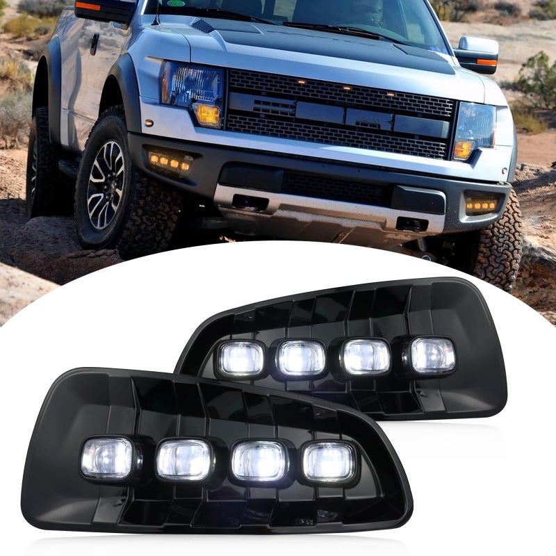 أضواء الضباب الأمامية من BINQIGOO مع مصابيح تشغيل نهارية وإشارة انعطاف LED متوافقة مع فورد F150 2010-2014 SVT رابتور سوبر كرو