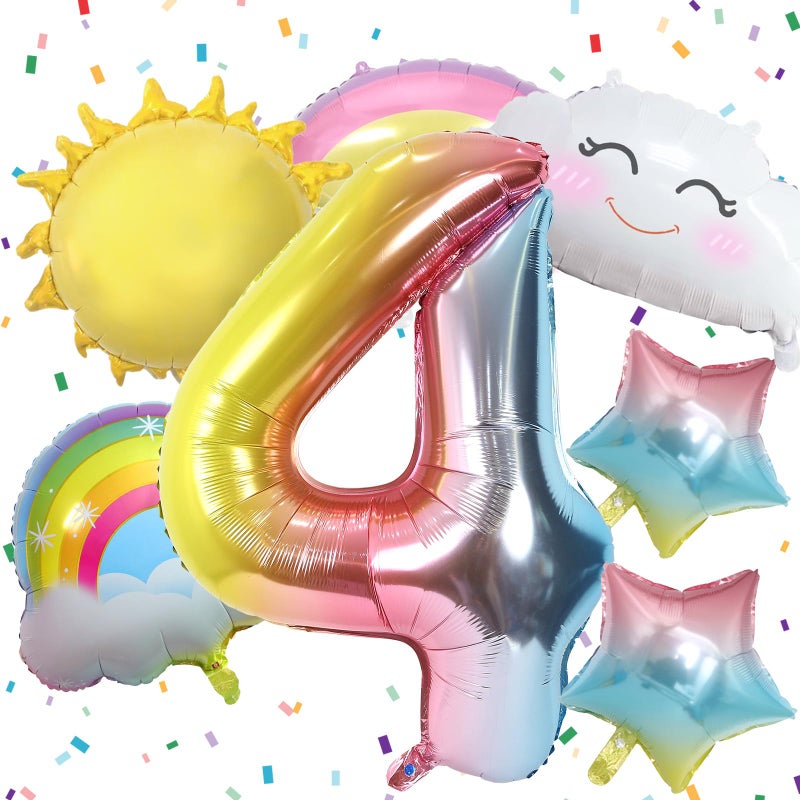 Paeyeq 4Th Birthday Decorations Girl  4Th Rainbow Birthday Balloons Set With Sun Rainbow Gradient Stars And 40 Inch Number 4 Foil Balloon For Rainbow Theme Girls 4Th Birthday Party Decoration Supplies - Image 1