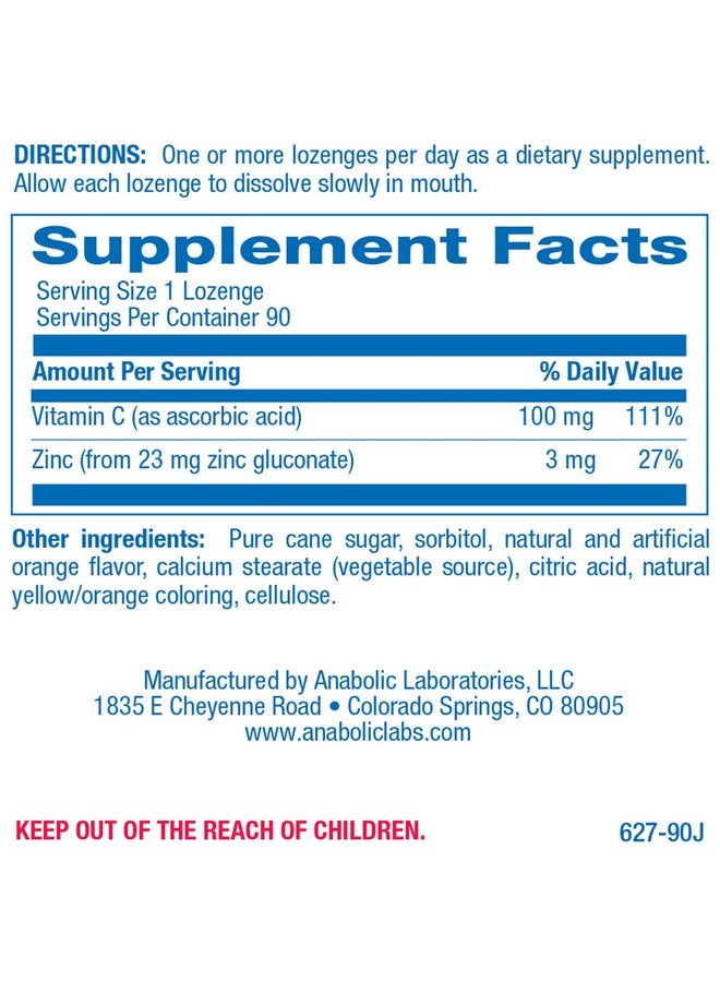 Anabolic Laboratories Zinc Lozenges with Vitamin C for Immune Support - High Absorption Vitamin C and Zinc Lozenges for Adults Daily and Seasonal Wellness - Tasty Zinc and Vitamin C Lozenges - 90 Count (Orange Flavor) - Image 2
