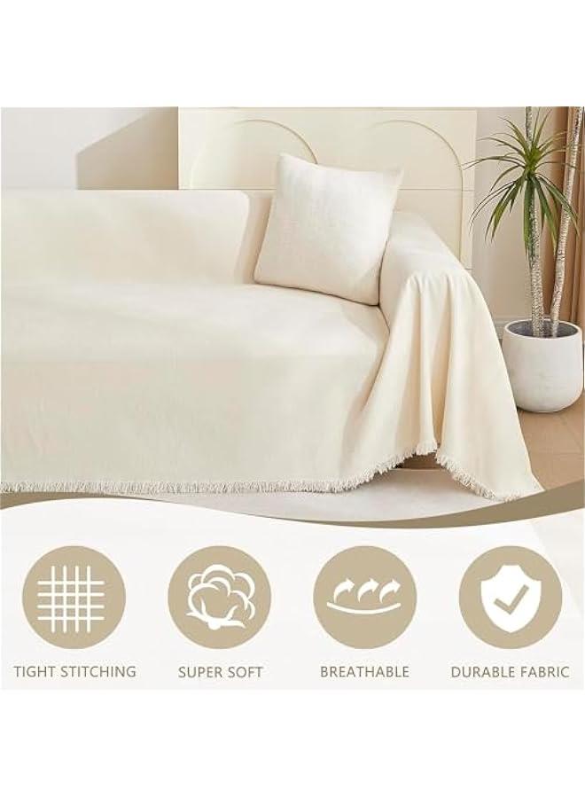 هوكور Durku Boho Couch Cover,Beige Sofa Covers with White Tassel Farmhouse Sofa Slipcover Simple Couch Protector for Dogs Chenille Sectional Couch Covers,Couch Cushion Covers - Image 2