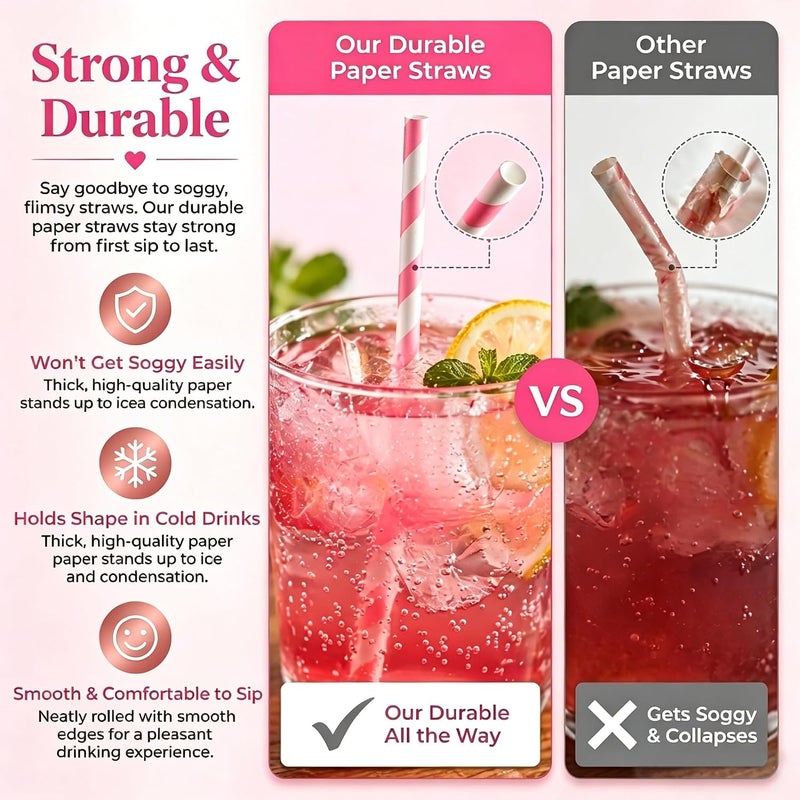 Haundry 100 Count Pink Striped Paper Straws, Biodegradable Disposable Drinking Straws for Bridal Shower, Brithday, Cocktails, Wedding, Baby Shower Party Decoration Supplies - Image 3