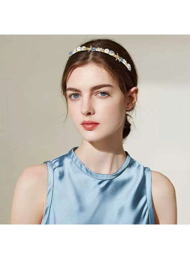 2 Pcs Mermaid Seashell Starfish Headbands Pearl Crystal Rhinestone Hairbands Alloy Hair Hoop Beach Bridal Elegant Headpiece Wedding Hair Accessories for Women Girls - Image 5