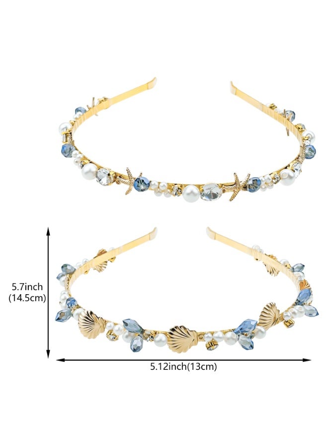 2 Pcs Mermaid Seashell Starfish Headbands Pearl Crystal Rhinestone Hairbands Alloy Hair Hoop Beach Bridal Elegant Headpiece Wedding Hair Accessories for Women Girls - Image 2