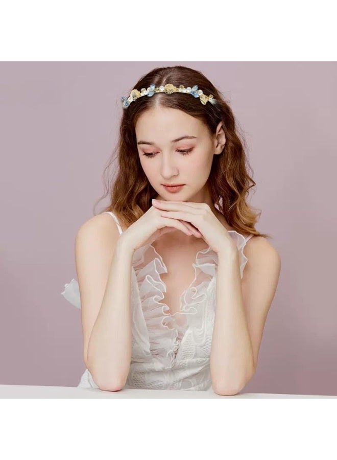 2 Pcs Mermaid Seashell Starfish Headbands Pearl Crystal Rhinestone Hairbands Alloy Hair Hoop Beach Bridal Elegant Headpiece Wedding Hair Accessories for Women Girls - Image 3