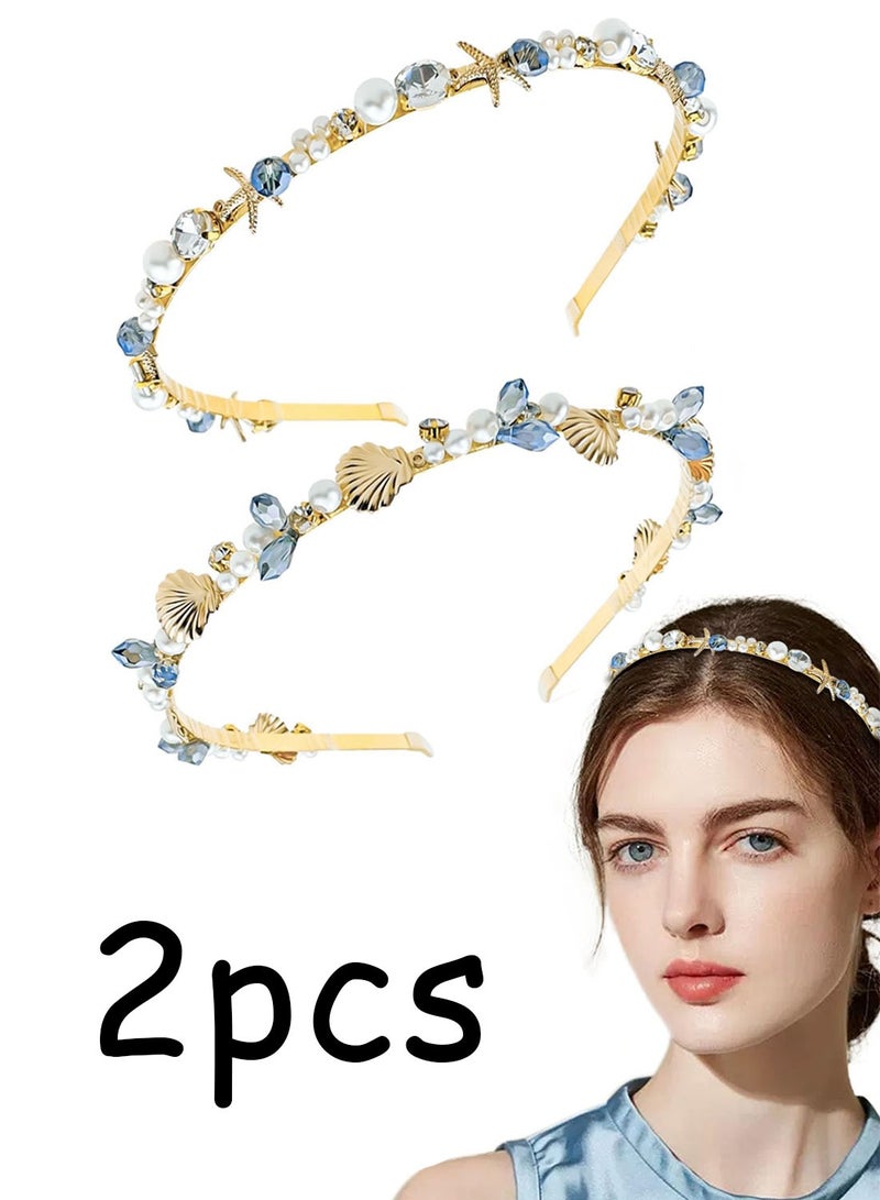 2 Pcs Mermaid Seashell Starfish Headbands Pearl Crystal Rhinestone Hairbands Alloy Hair Hoop Beach Bridal Elegant Headpiece Wedding Hair Accessories for Women Girls - Image 1
